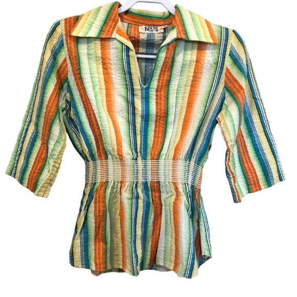 BOLTS LTD Tops - Sportwear by BOLTS LTD Vtg Searsucker Peplum Top Sz M 70s Hippie Starburst
